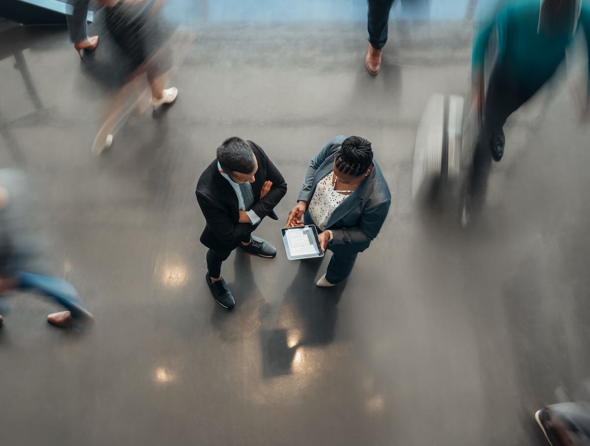 Shot from above of corporate executives talking